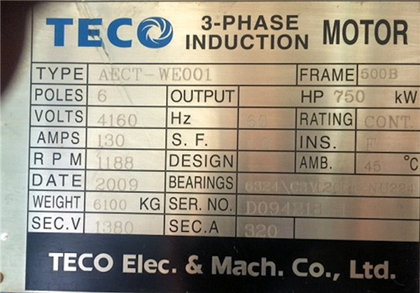 Teco 750 Kw (1020 Hp) 3-phase Induction Motor 1188 Rpm, 60 Hz)